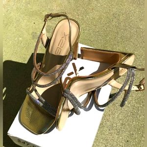Womens gold rhinestone dressy strap sandal heels
